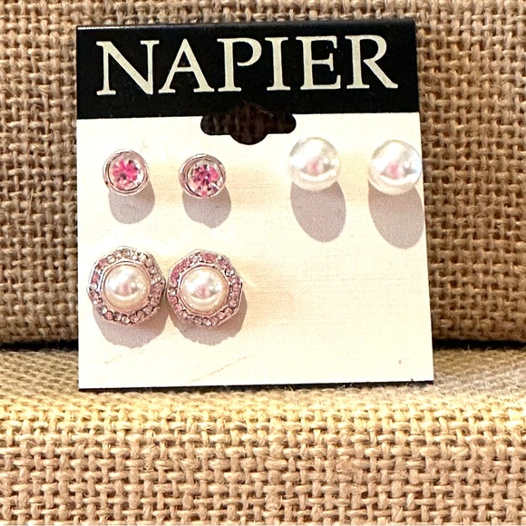 NWT Napier Earrings- set of 3 pairs- silver tone, clear rhinestones, faux pearls - Picture 4 of 8